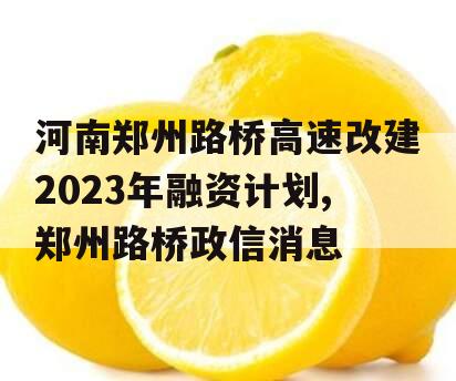 河南郑州路桥高速改建2023年融资计划,郑州路桥政信消息